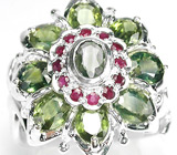 Кольцо с чистыми зелеными сапфирами и рубинами Серебро 925