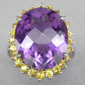 Кольцо с крупным аметистом и желтыми сапфирами