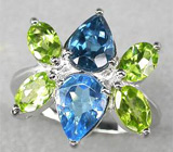 Кольцо с голубыми топазами и перидотами Серебро 925