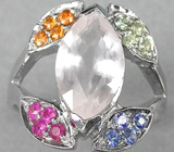 Оригинальное кольцо с розовым кварцем и сапфирами Серебро 925