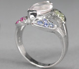 Оригинальное кольцо с розовым кварцем и сапфирами Серебро 925