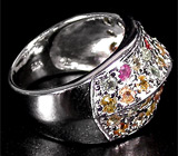 Праздничное кольцо с разноцветными сапфирами Серебро 925