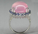 Кабошон розового кварца в окружении синих сапфиров Серебро 925
