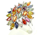 Праздничное кольцо с разноцветными сапфирами Серебро 925