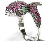 Кольцо «Кобра» с рубинами и изумрудами Серебро 925