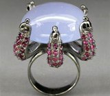 Оригинальное кольцо с крупным халцедоном и рубинами Серебро 925