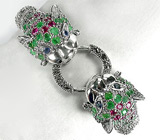 Браслет "Тигры" с изумрудами и рубинами Серебро 925