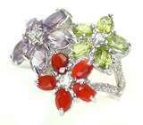 Кольцо с огненными опалами, аметистами и перидотами Серебро 925