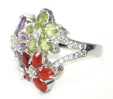 Кольцо с огненными опалами, аметистами и перидотами Серебро 925