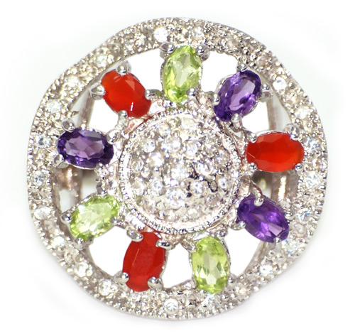 Кольцо с аметистами, перидотами, мексиканскими опалами