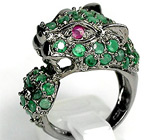 Кольцо «Леопард» с изумрудами и сапфирами Серебро 925