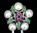 Замечательное кольцо с жемчугом и самоцветами Серебро 925