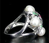 Замечательное кольцо с жемчугом и самоцветами Серебро 925