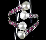 Оригинальное кольцо с жемчугом и сапфирами Серебро 925