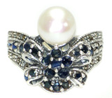 Великолепное кольцо с жемчужиной и синими сапфирами Серебро 925