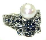 Великолепное кольцо с жемчужиной и синими сапфирами Серебро 925