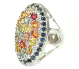 Эффектный перстень с разноцветными сапфирами Серебро 925