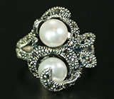 Эффектное кольцо с жемчугом и марказитами Серебро 925