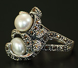 Эффектное кольцо с жемчугом и марказитами Серебро 925