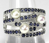 Оригинальное кольцо с жемчугом и синими сапфирами Серебро 925
