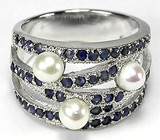 Оригинальное кольцо с жемчугом и синими сапфирами Серебро 925