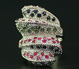 Оригинальное широкое кольцо с самоцветами Серебро 925