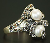 Эффектное кольцо с жемчугом и марказитами Серебро 925