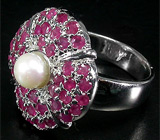 Замечательное кольцо с жемчужиной и сапфирами Серебро 925