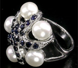 Кольцо с жемчугом и насыщенно-синими сапфирами Серебро 925