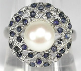 Ажурное кольцо с жемчужиной и сапфирами Серебро 925