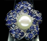 Кольцо-цветок с жемчужиной и синими сапфирами Серебро 925