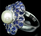 Кольцо-цветок с жемчужиной и синими сапфирами Серебро 925