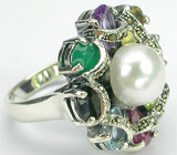 Кольцо с жемчужиной и самоцветами-бриолетами Серебро 925