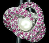 Оригинальное кольцо с жемчужиной и розовыми сапфирами Серебро 925