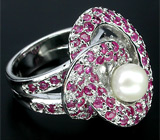 Оригинальное кольцо с жемчужиной и розовыми сапфирами Серебро 925