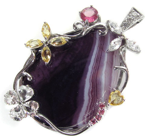 Кулон с агатом, крупным турмалином и самоцветами