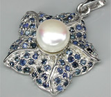Кулон-цветок с жемчужиной и синими сапфирами Серебро 925
