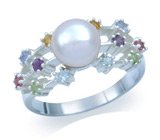 Кольцо с жемчужиной и самоцветами Серебро 925