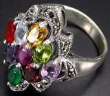 Яркое кольцо с самоцветами и маркаситами Серебро 925