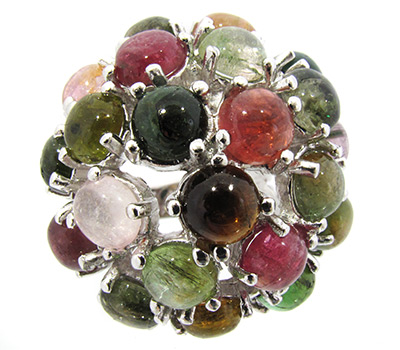 Кольцо с разноцветными турмалинами-кабошонами