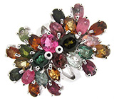 Роскошное кольцо с разноцветными турмалинами Серебро 925