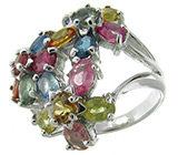 Кольцо-цветок с разноцветными сапфирами Серебро 925