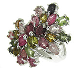Роскошное кольцо с разноцветными турмалинами Серебро 925