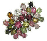 Роскошное кольцо с разноцветными турмалинами Серебро 925