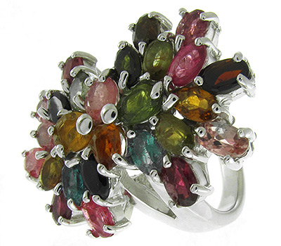 Роскошное кольцо с разноцветными турмалинами