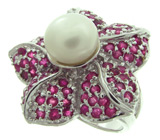 Кольцо-цветок с жемчужиной и сапфирами Серебро 925