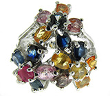 Кольцо с цветками из разноцветных сапфиров Серебро 925