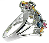 Кольцо с цветками из разноцветных сапфиров Серебро 925