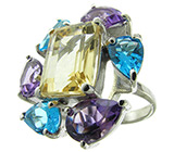 Кольцо с цитрином, аметистами и топазами Серебро 925