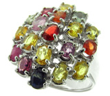 Яркое кольцо с разноцветными сапфирами Серебро 925